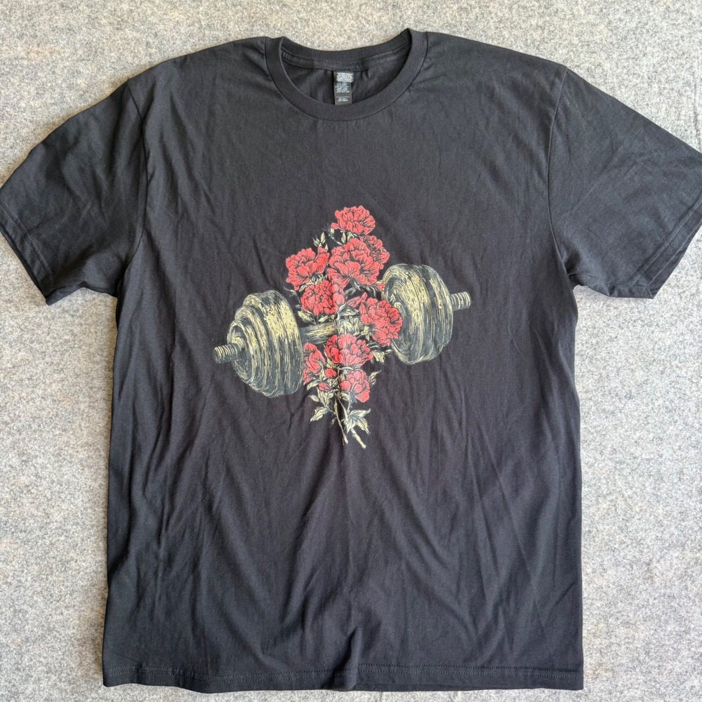 Gildan Graphic T-Shirt Large Black Barbell and Flowers Floral Gym Tee